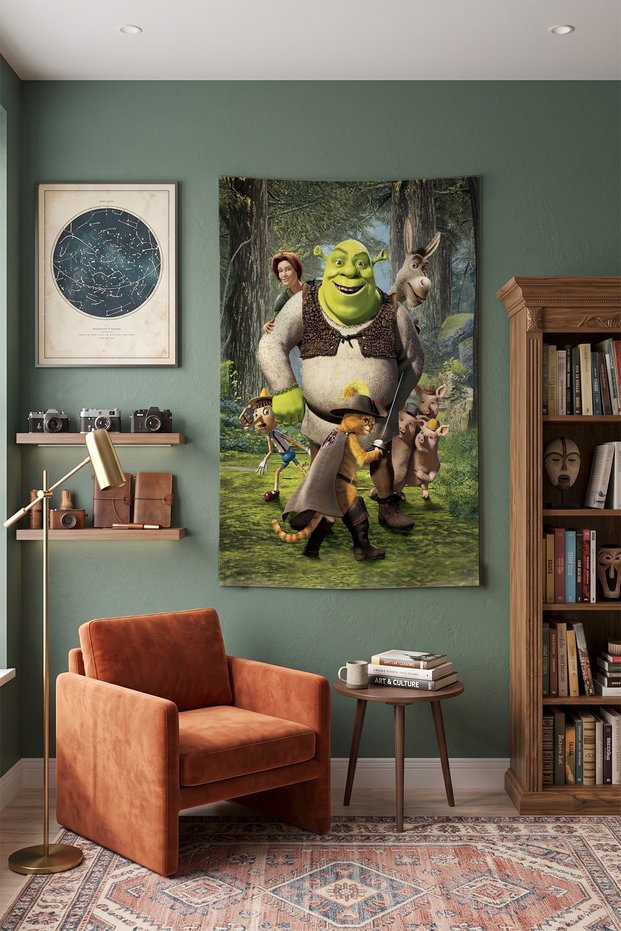 Shrek, the Cat and the Donkey on Horseback Wall Covering – Modern Decorative Quality Fabric Tapestry Wall Carpet