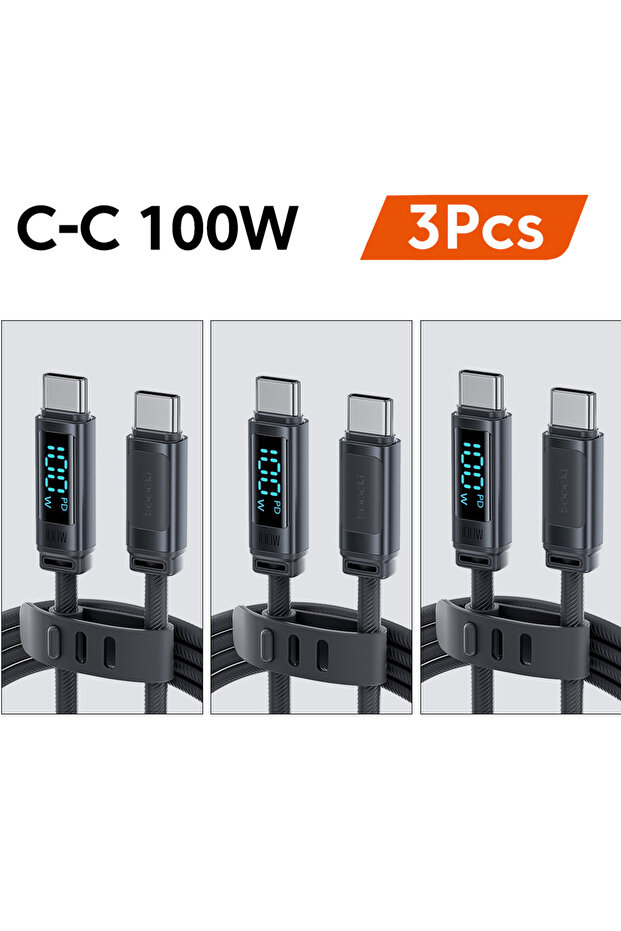 كابل توكي 1 متر 100 واط 3 قطع، كابل يو إس بي سي سريع الشحن 100 واط مع شاشة عرض رقمية LED، كابل سيليكون من النوع C