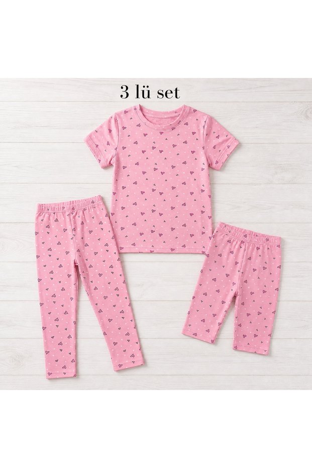 Girl's T-Shirt-Capri-Leggings Set of 3 Pink Heart Patterned