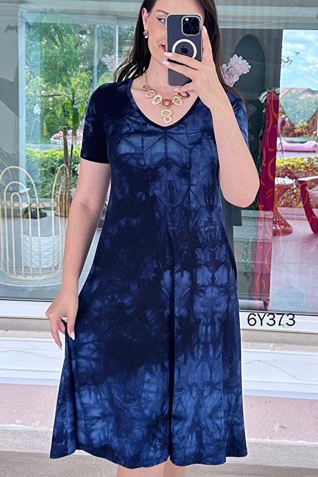 V-Neck Batik Viscose Fabric Dress 6Y373