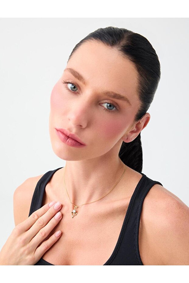 Gold Color Stone Detailed Heart Figured Necklace