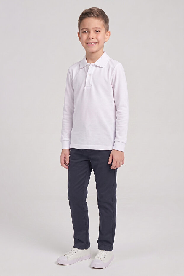 Boys' White Long Sleeve Polo Collar T-Shirt Navy Blue Ribbed Waist Canvas School Pants Bottom - Top Set School Uniform