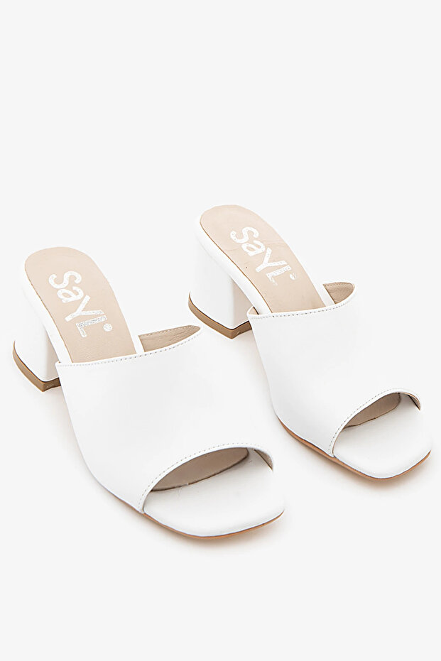 White Genuine Leather Thick Heeled Women's Slippers