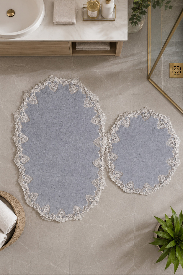 Gray 2-Piece Lace Non-Slip Base Bath Mat Set, Lace Washable Bath Set Spera