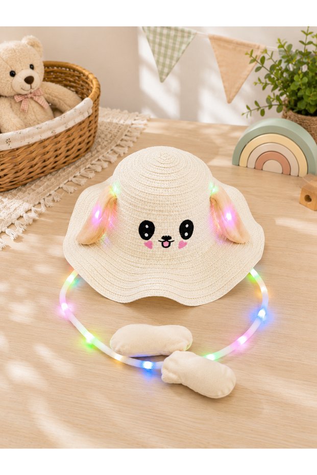 Cute Rabbit Ears Kids Straw Hat with Led Lights – Colorful Light-Up Summer Sun Hat