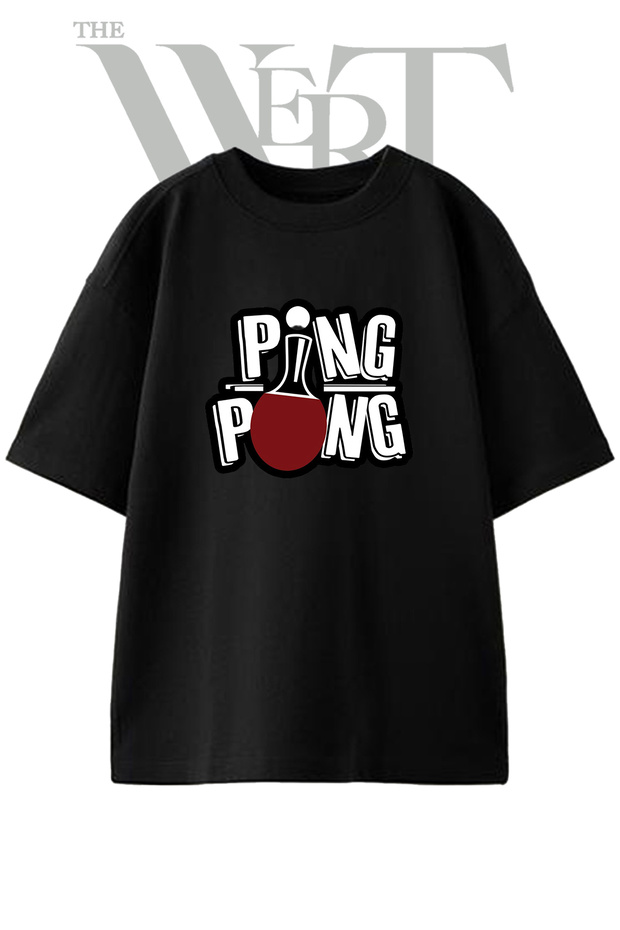 Ping Pong Design Printed Unisex Black Oversize T-Shirt
