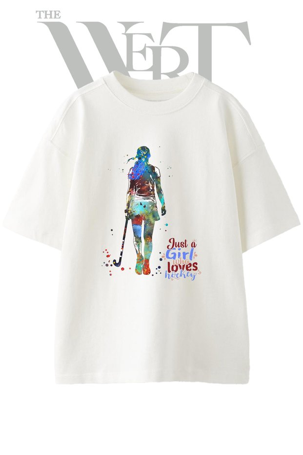 Hockey Girl Design Printed Unisex White Oversize T-Shirt