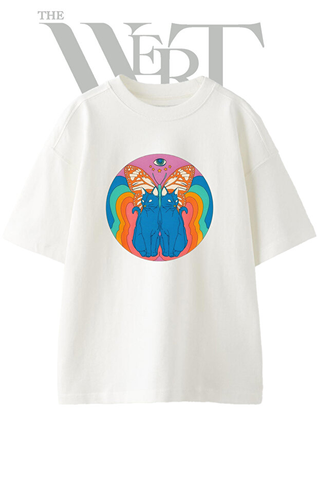 Cat Butterfly Design Printed Unisex White Oversize T-Shirt