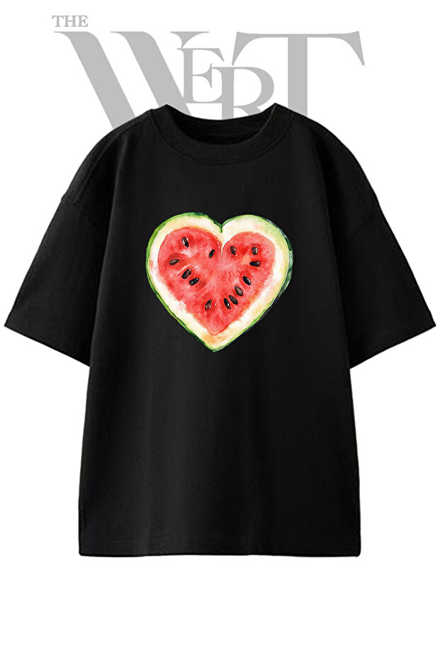 Watermelon Heart Design Printed Unisex Black Oversize T-Shirt