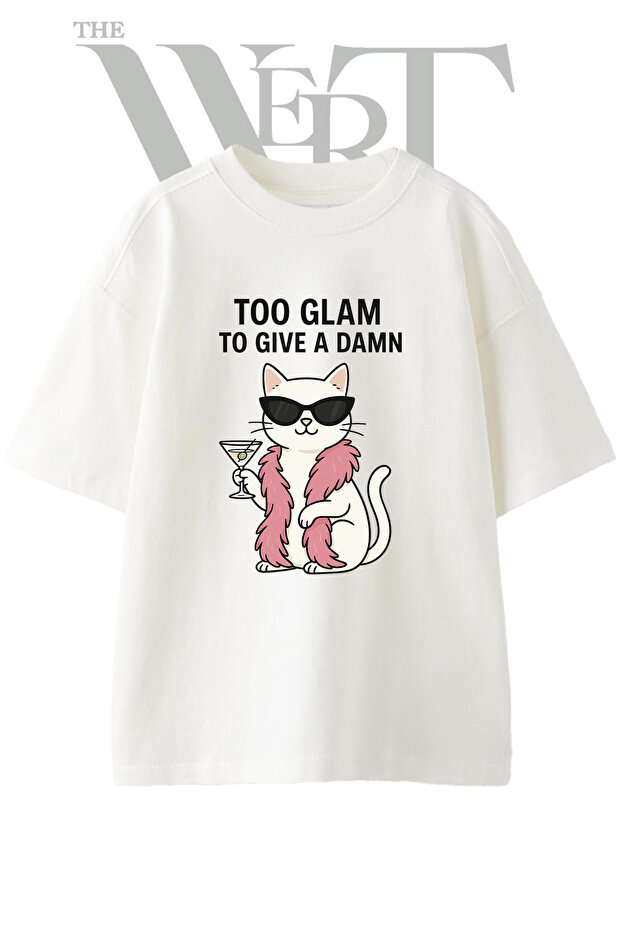 تي شيرت أبيض كبير الحجم مطبوع بتصميم Glam Cat للجنسين