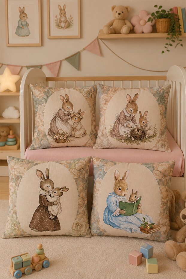Rabbit Girl and Her Mother Patterned 4-Piece Children's and Baby Pillowcase Set