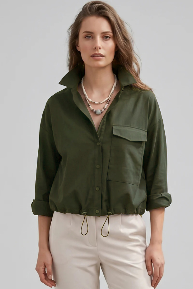 Women's Form-Fitting Snap Shirt Adjustable Waist Stylish Comfortable Cut Khaki W201-K0304-03