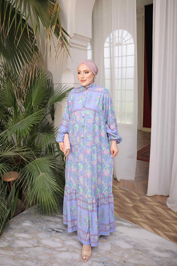 Lilac Half-Buttoned Layered Viscose Dress with Elastic Sleeves