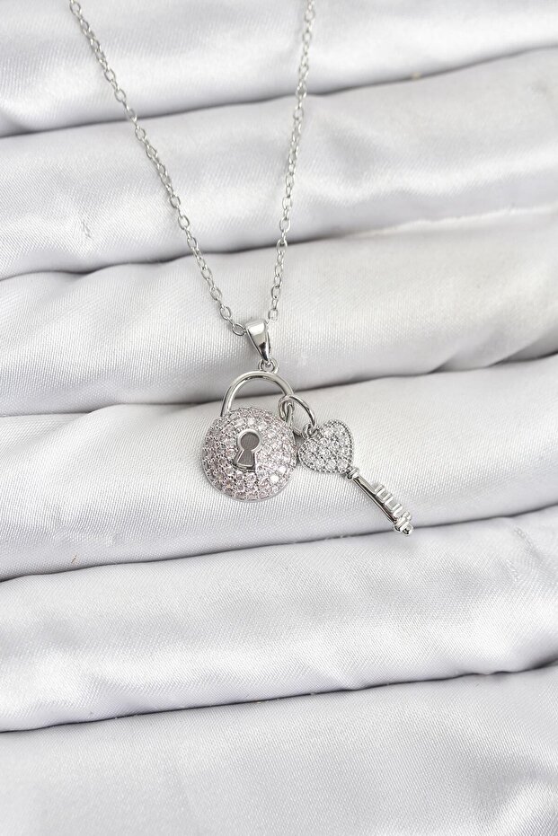 316L Steel Chain Silver Color Lock Key Model Zircon Stone Women's Necklace