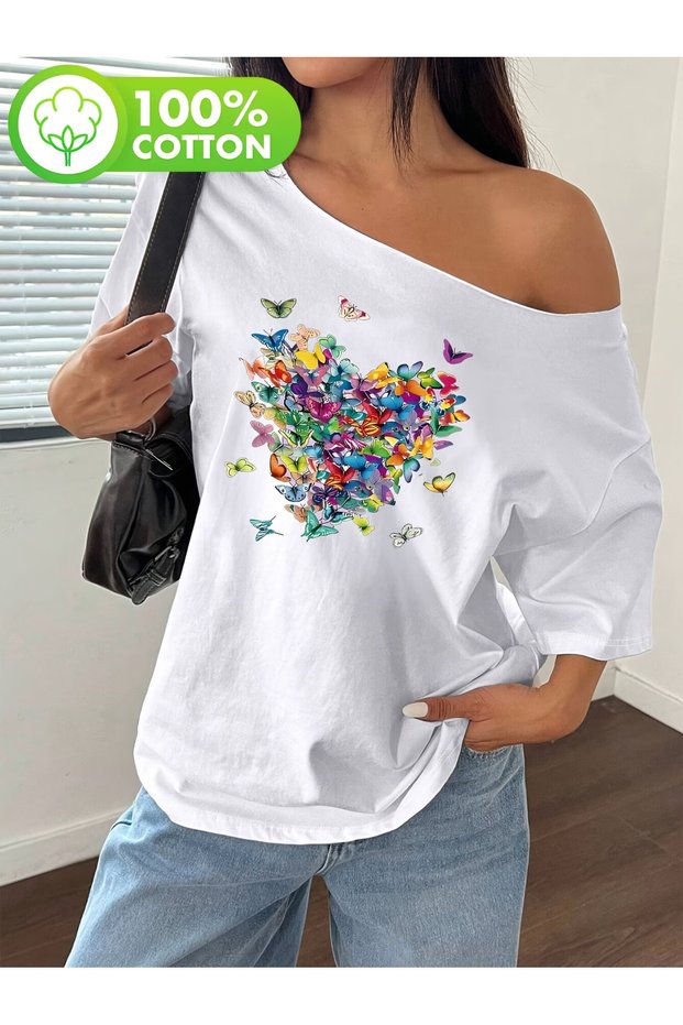 Women's Butterfly Heart Printed Boat Neck Off Shoulder 100% Cotton T-Shirt