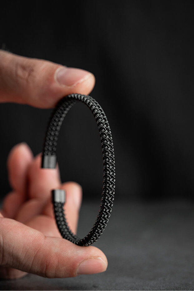 Clamp Model 5 mm Black Mesh Design Men's Steel Bracelet
