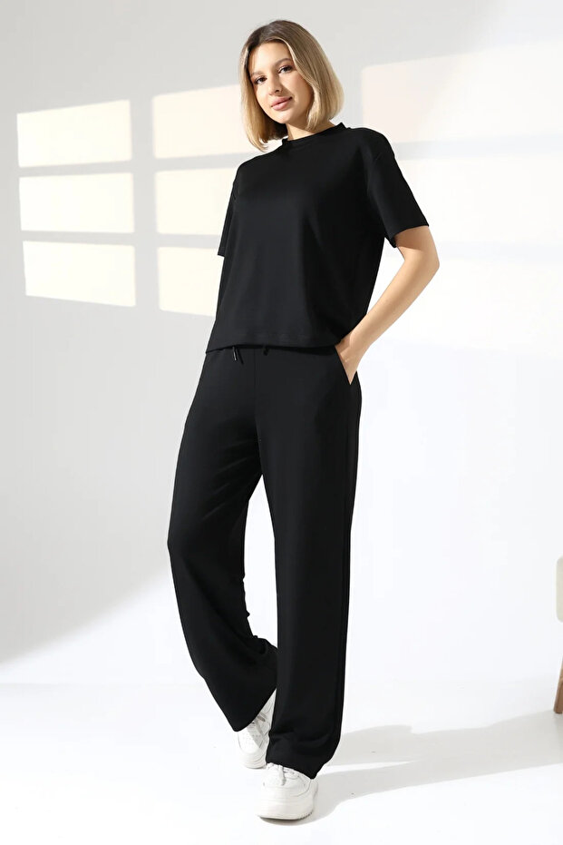 Basic Women's Soft Textured Casual Top and Bottom Set