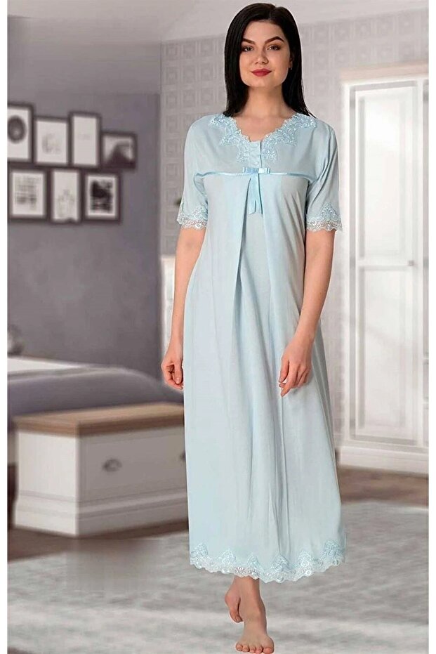 Dvina Maternity Pregnant Lace Detailed Short Sleeve Nightgown - Blue