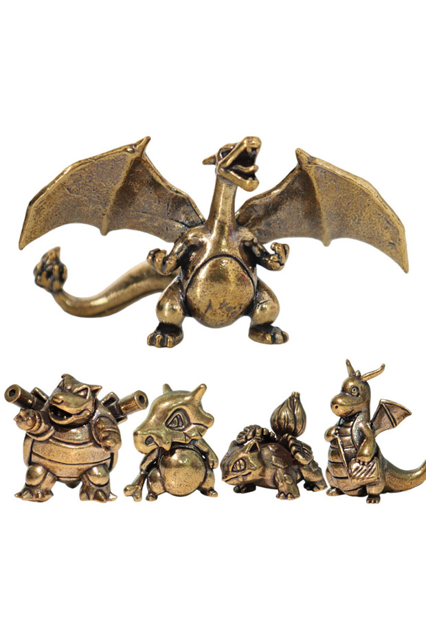 5Pcs 3cm Creative Solid Brass Pokémon Crafts Anime Mini Figurines Charizard Blastoise Dragonite Bulb