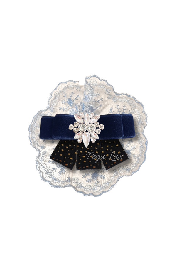 Lux Blue Guipure Lace Special Design Brooch, Collar Brooch, Comes with a Bow Tie Pin.