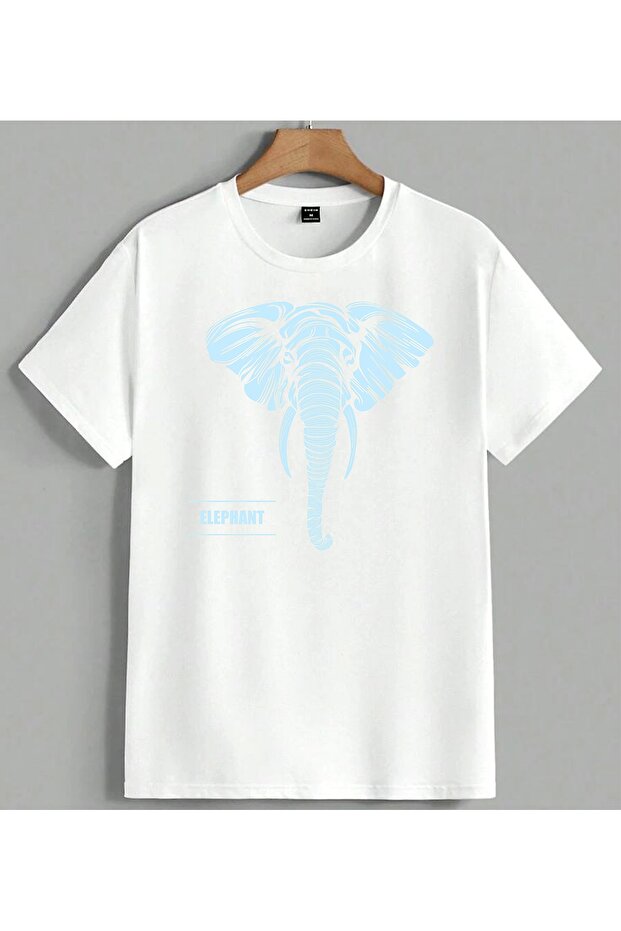 Elephant Print Blue Drawing Art Printed Unisex Oversize T-Shirt White