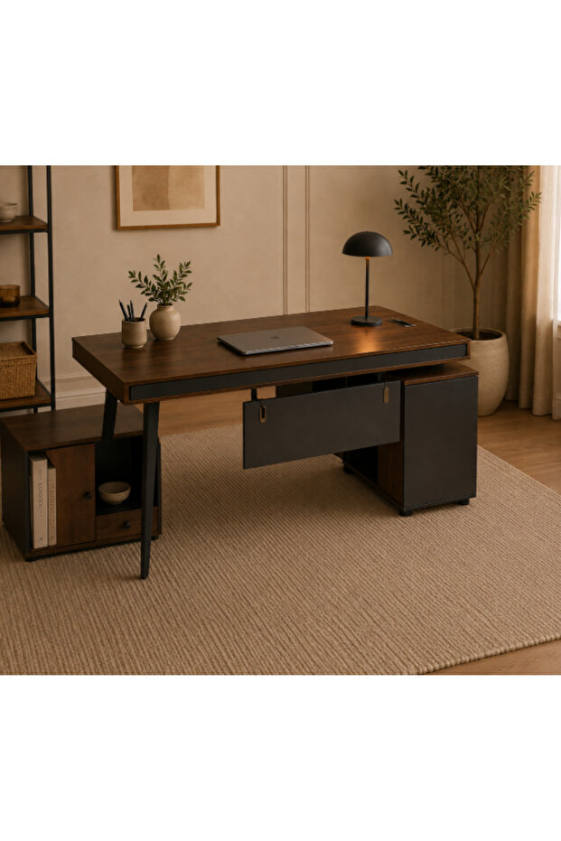 مكتب إداري مودرن مع وحدة تخزين جانبية 160 سم | بني داكن