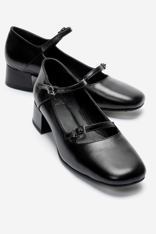 Ferfina Women's Genuine Leather Shoes Black Thick Short Heeled Mary Jane