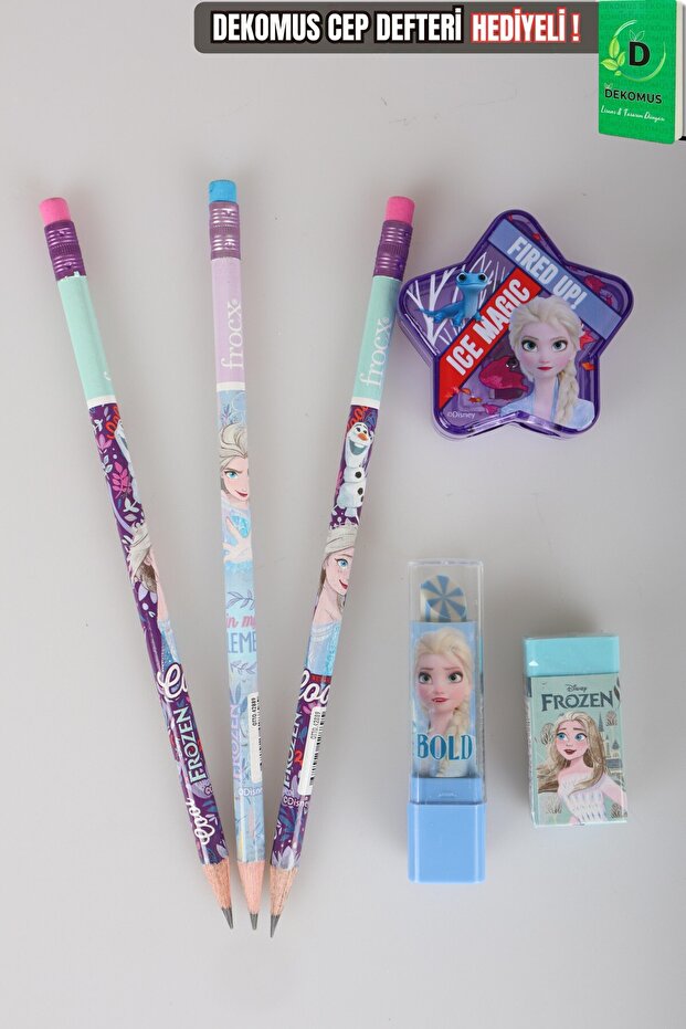 X Dekomus Licensed Elsa 3 Pcs Pencil with Eraser, Star Pencil Sharpener, Lipstick Eraser and Eraser Set