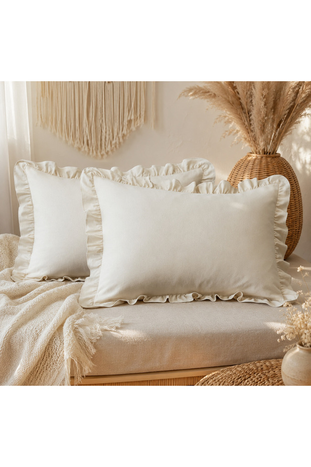 100% Cotton Raw Linen Ruffled 2 Piece Pillowcases 50X70 cm Natural Fabric