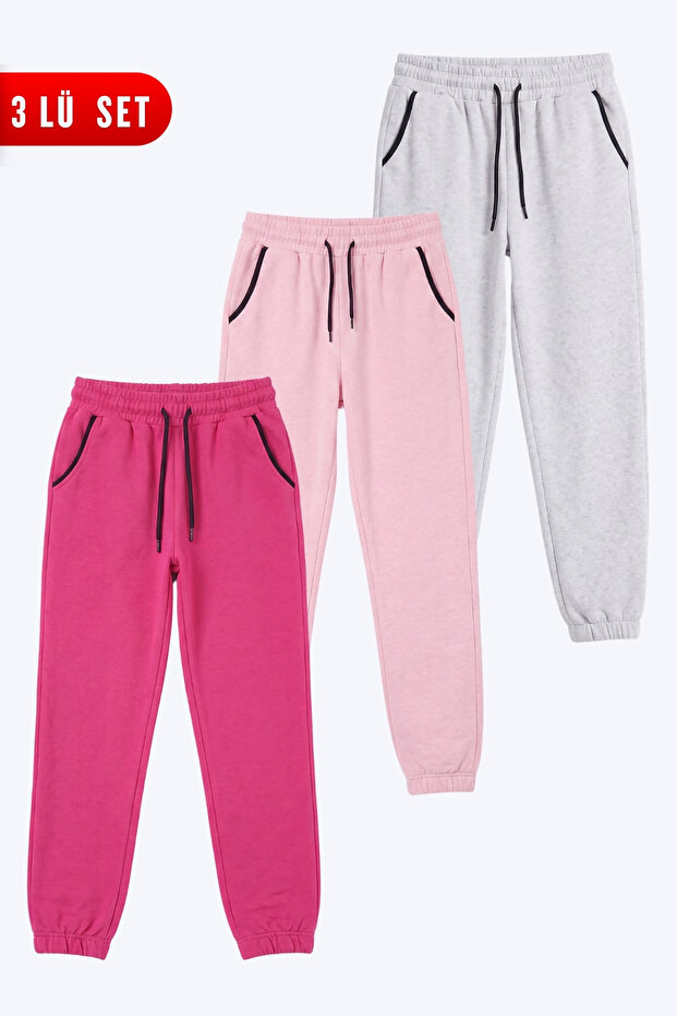 3-Piece Girls' Pocket Piping Detailed Elastic Cuffed Plain Unprinted Sweatpants