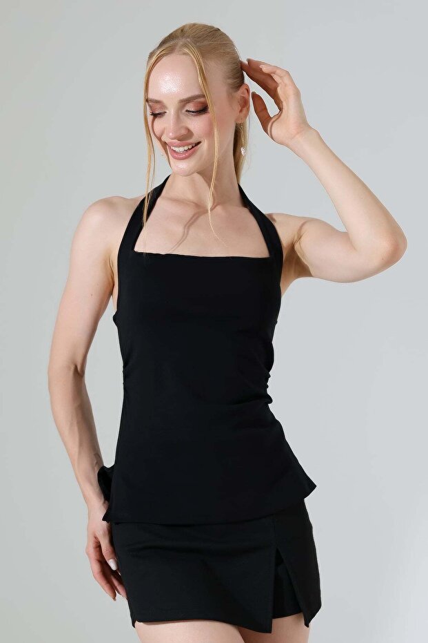 Women's Side Gathered Slit Halter Neck Tank Top 22377