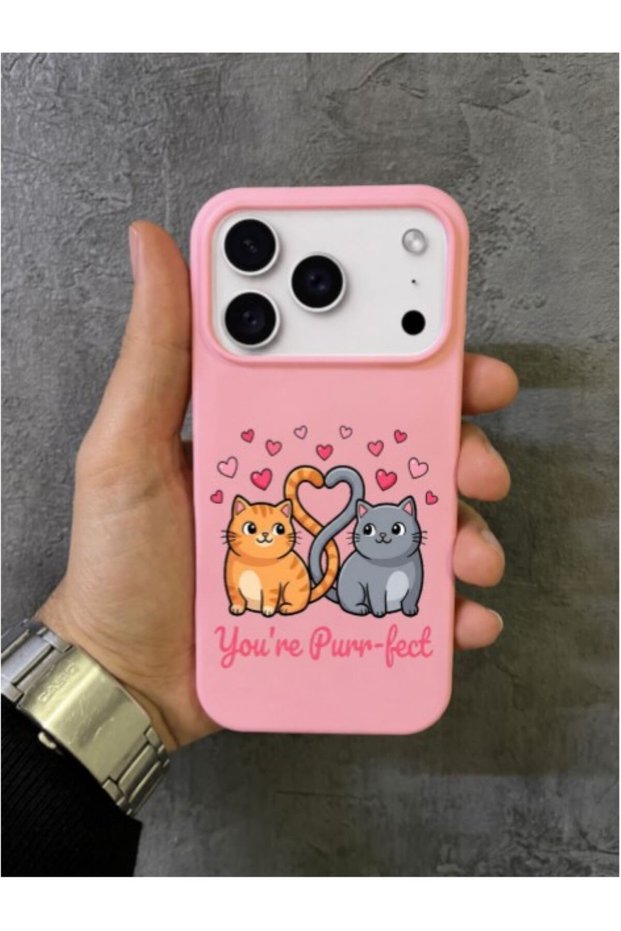 iPhone 17 Pro Max - 18 Pro Max Compatible Pink Case with the Text'You'Re Purr-Fect' and a Heart and Double Cat Pattern