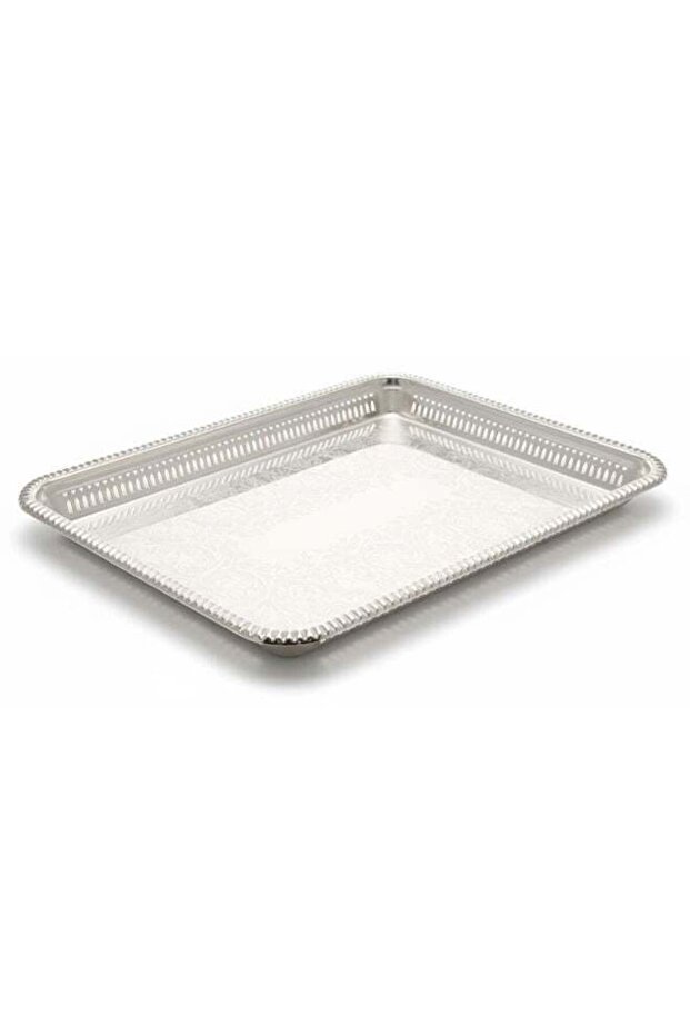 صينية تقديم مستطيلة من الفولاذ المقاوم للصدأ فضية اللون 35 سم