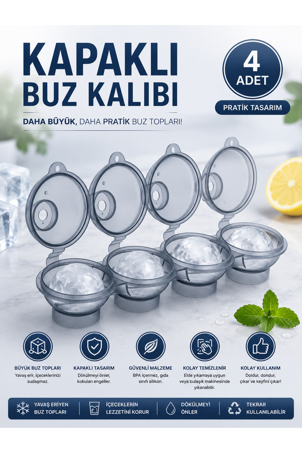 قالب ثلج من السيليكون مع 4 أغطية | قالب كبير مستدير لصنع كرات الثلج | خالي من مادة BPA | قابلة لإعادة الاستخدام