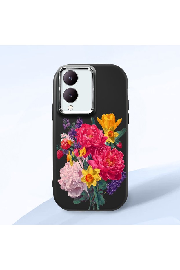 Vivo Y28 Compatible Case Camera Protector Black Silicone Couple Phone Case with Floral Pattern