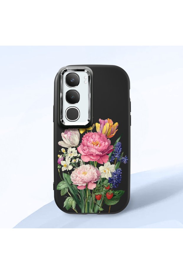 Vivo Y19S Compatible Case Camera Protector Black Silicone Couple Phone Case with Floral Pattern