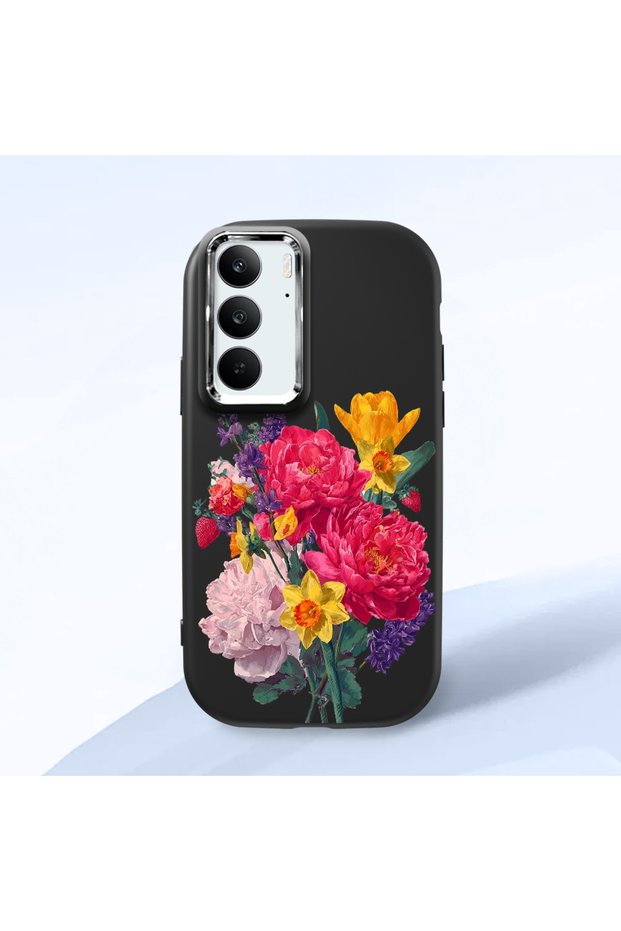 Realme C75 Compatible Case Camera Protector Black Silicone Couple Phone Case with Floral Pattern