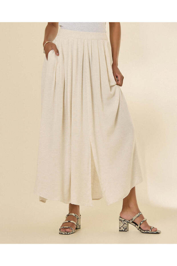 Women Beige Pleated Maxi Skirt