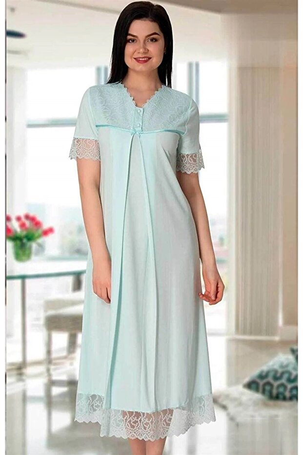 Dvina Maternity Pregnant Lace Detailed Short Sleeve Nightgown - Blue