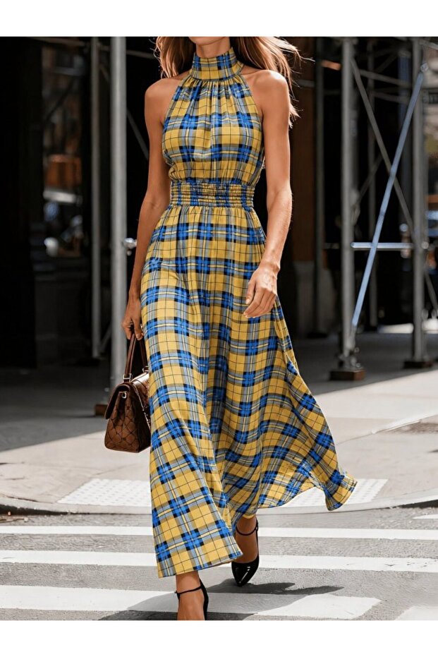 Women's Off-The-Shoulder Turtleneck Elastic Waist Plaid Pattern Long Single Jersey Dress