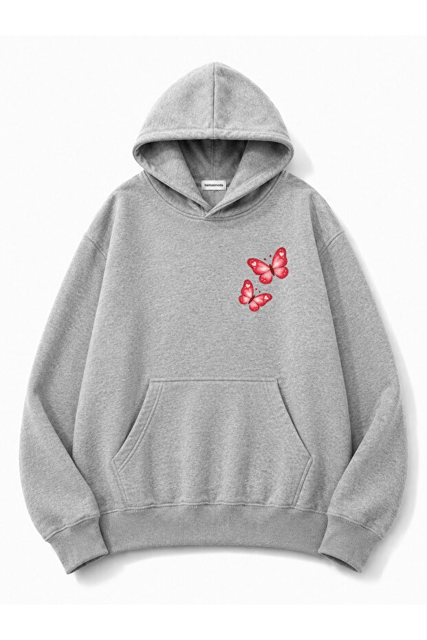 Butterfly Printed Hooded 2 Thread Threaded Sweatshirt
