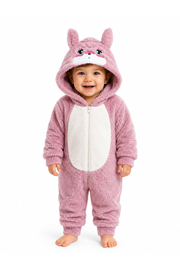 Sweet Teddy Bear Patterned Welsoft Plush Hooded Zippered Winter Unisex Baby Romper