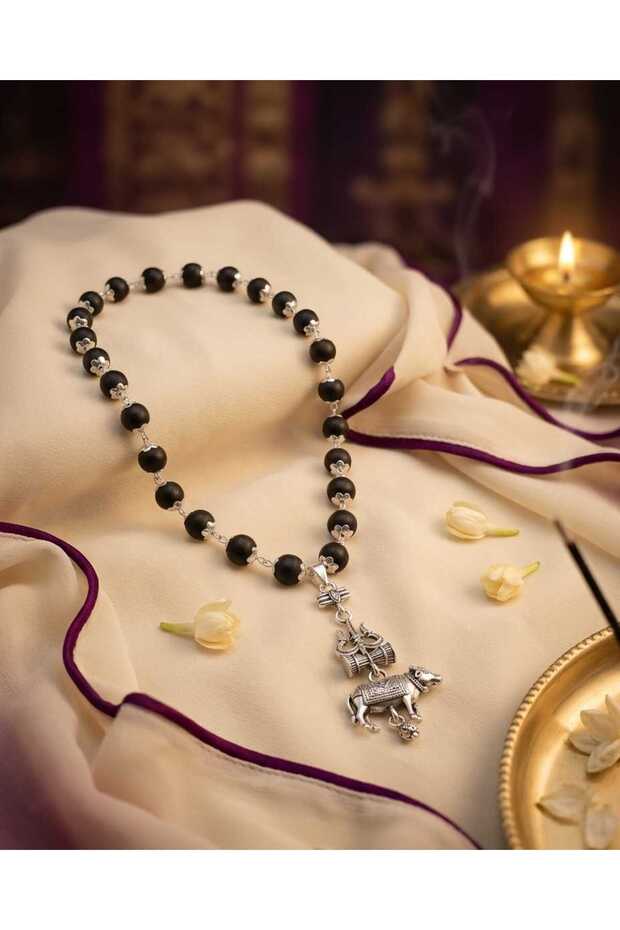 Original 7MM German Silver Cap Karungali Mala with Trishool Nandi Pendant, 54 Beads, Lab Certified