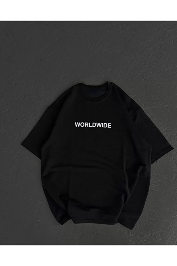 Unisex Crew Neck Printed Oversize T-Shirt - Black