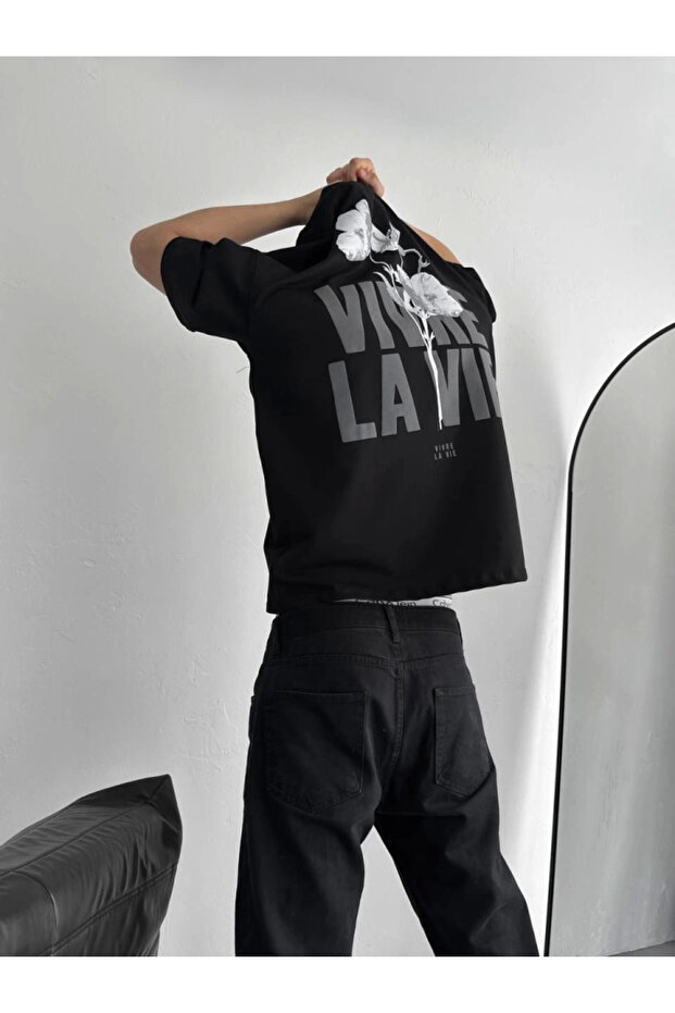 Printed Oversize Crew Neck T-Shirt - Black