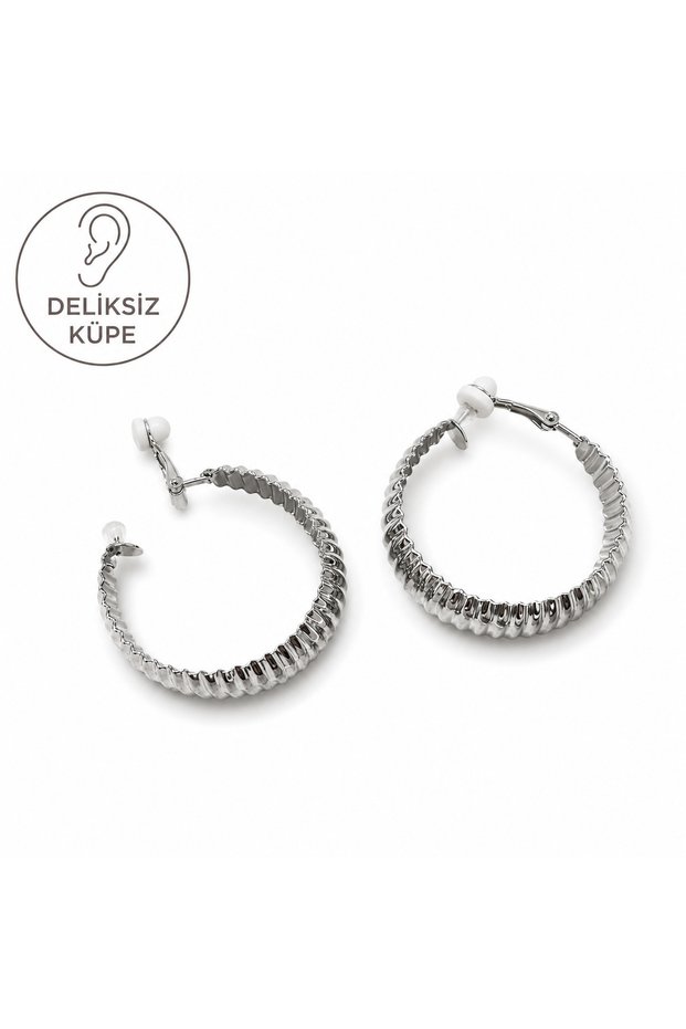 Women's Earrings with Non-Perforated Clip-On Clips - Serrated 4 cm Hoop Earrings