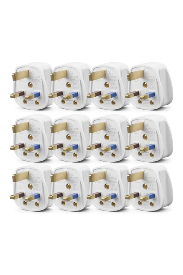 UK Fused 13 Amp White Mains 3 Pin Household Plugs (Pack of 12)