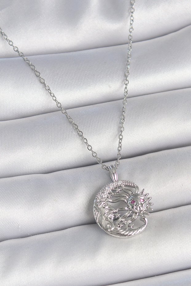 316L Steel Silver Color Chain Moon Sun Model Zircon Stone Detail Women's Necklace