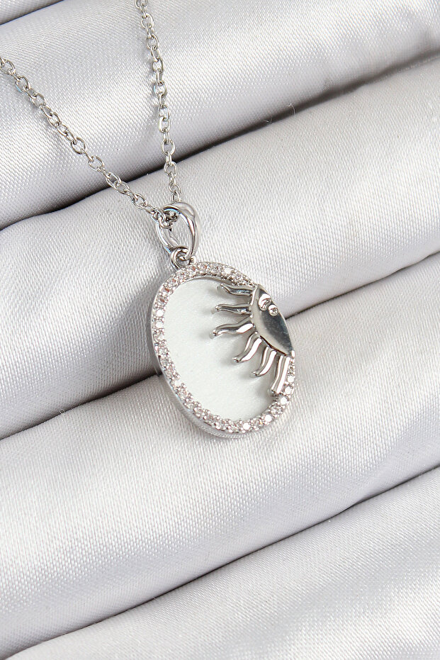 316L Steel Zircon Stone Half Sun Model Silver Color Women's Necklace