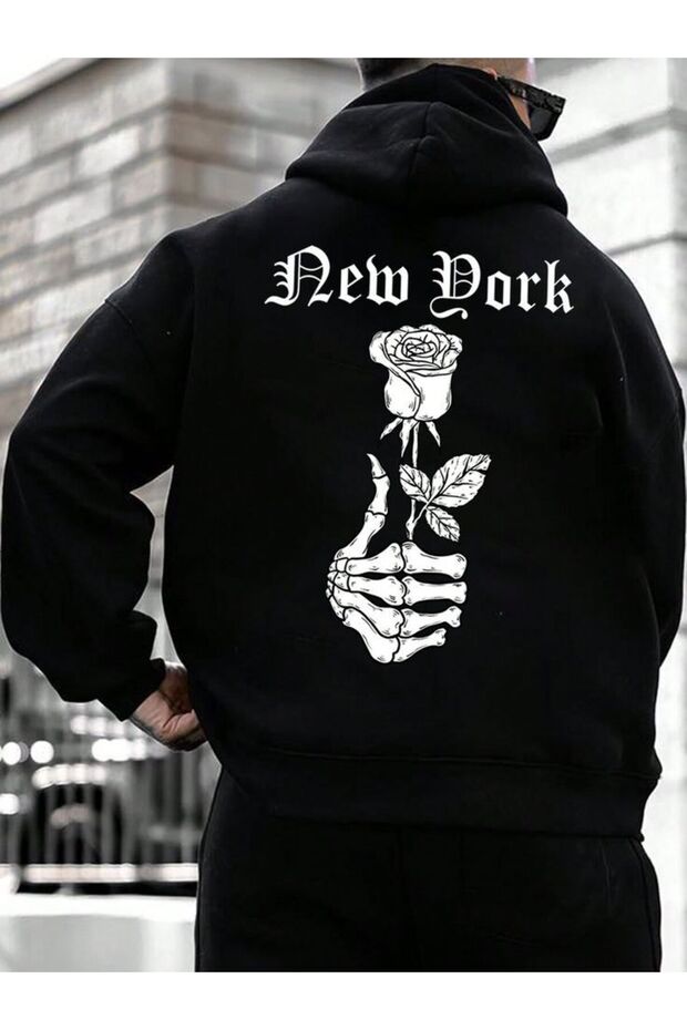 Black Printed Oversize Hoodie - Unisex Street Style Hooded Sweatshirt